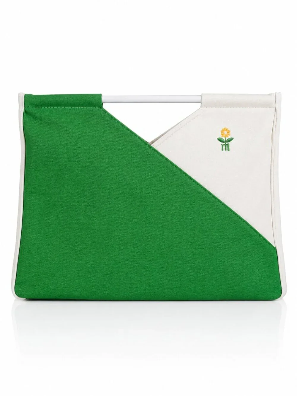 80s Wooden Handle Colorblock Canvas Tote Green White Bag Vintage